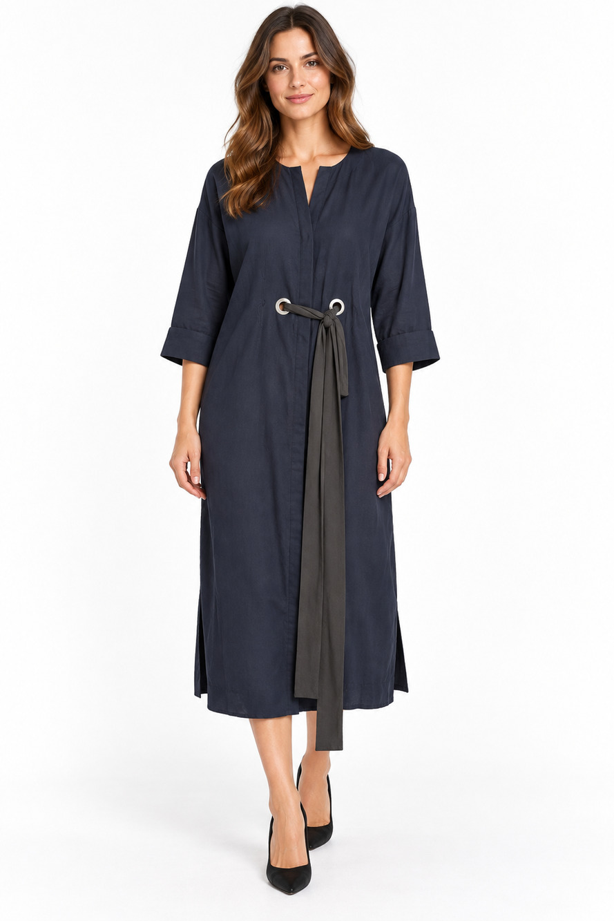 ZARA BASIC NAVY BLUE MIDI SHIRT DRESS XS GROMMET TIE WAIST 3/4 SLEEVE NWT